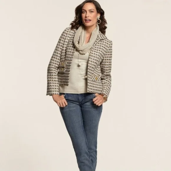 C30 Chico's Elegant Basket Weave Blazer Jacket Sz 2 (LG) Opened Front Textured - Picture 1 of 11